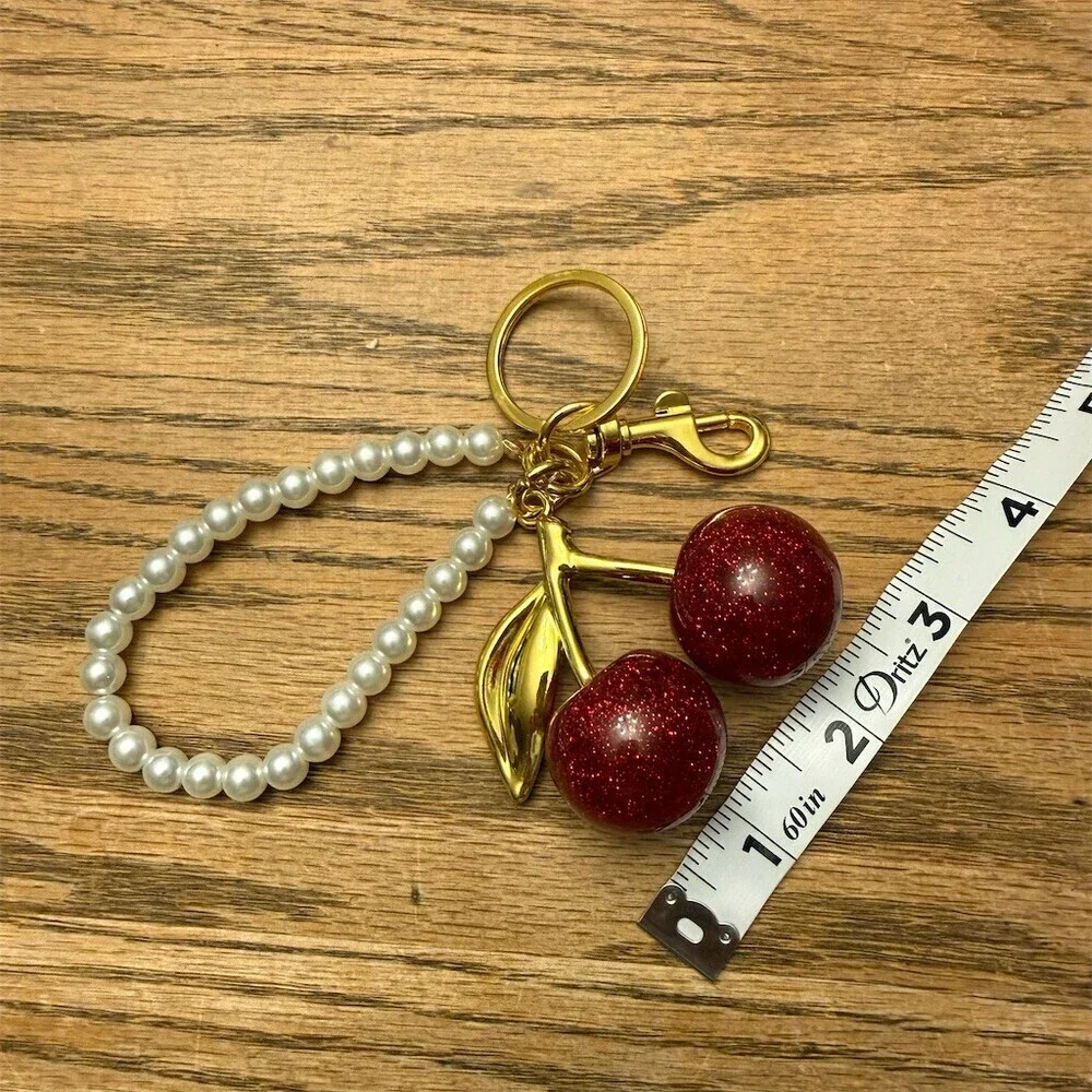 Dritz Red Glitter Cherry Beaded Keychain Purse Charm Lobster Clasp - Picture 5 of 5